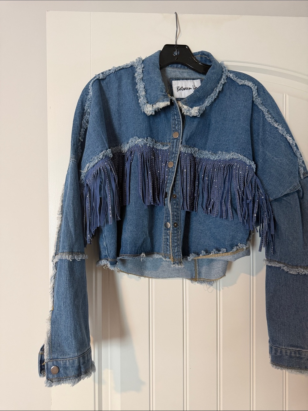 Distressed Fringe Denim Crop Jacket - Blue